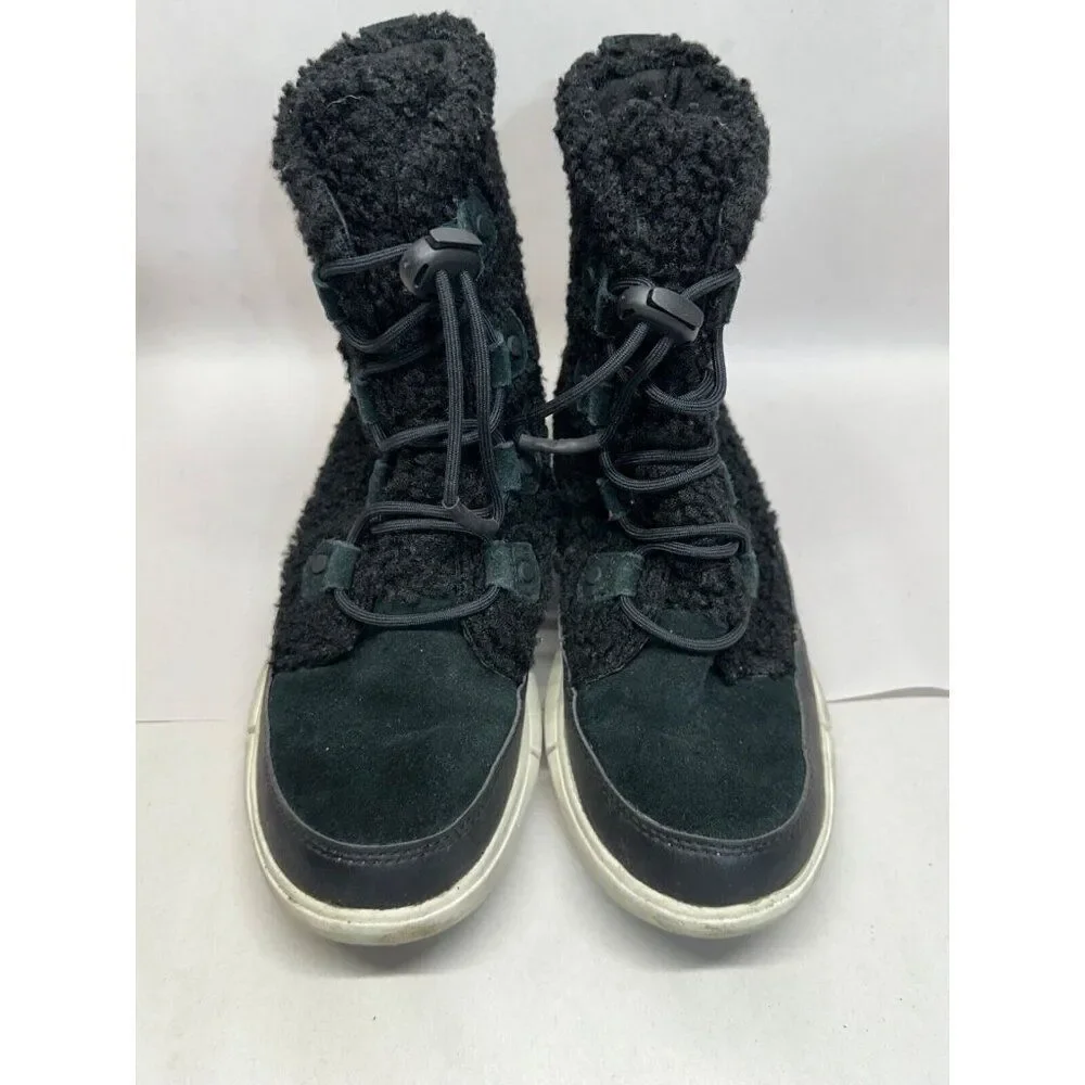 Sorel Women's Explorer Joan Cozy Winter Boots in Black/White Women's Size 6